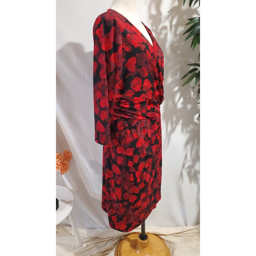 Chaps x Ralph Lauren Crossover Drape 3/4 Sleeve Faux Wrap Dress Sz XL Red Black - Picture 4 of 13
